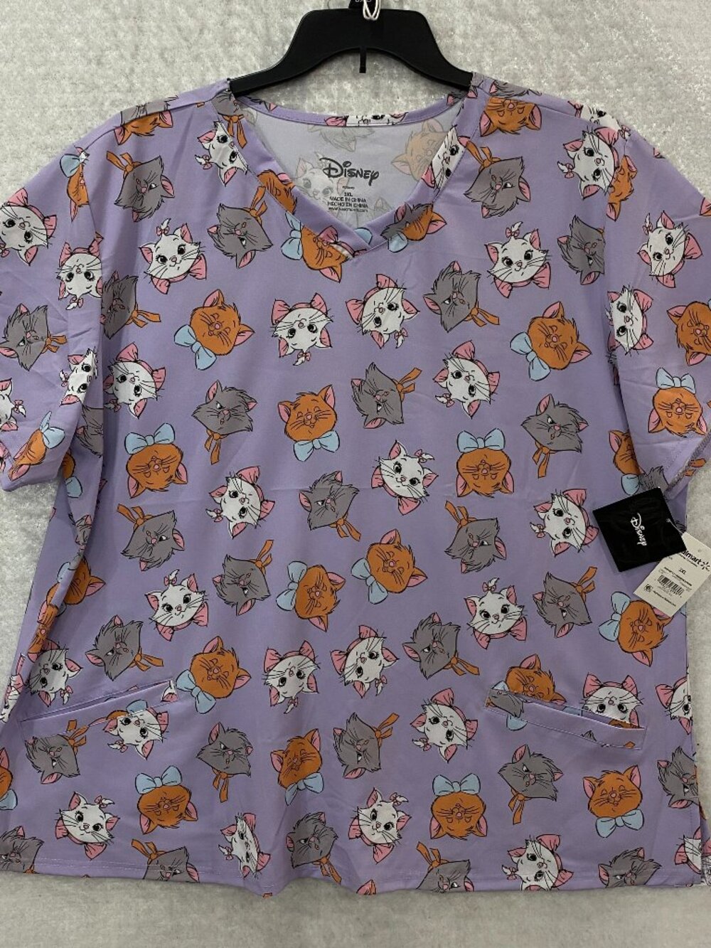 Disney Aristocats Scrub Top​ Purple Woman's 3X V-Neck Short Sleeve Pockets NEW